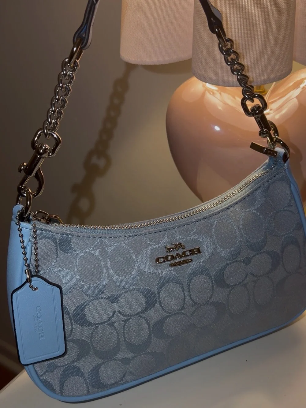 Coach Pale Blue Signature Jacquard Shoulder Bag with Chain Strap